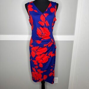 Bold Elements Sheath Dress Womens Medium Blue Red Floral Faux Wrap Ruched